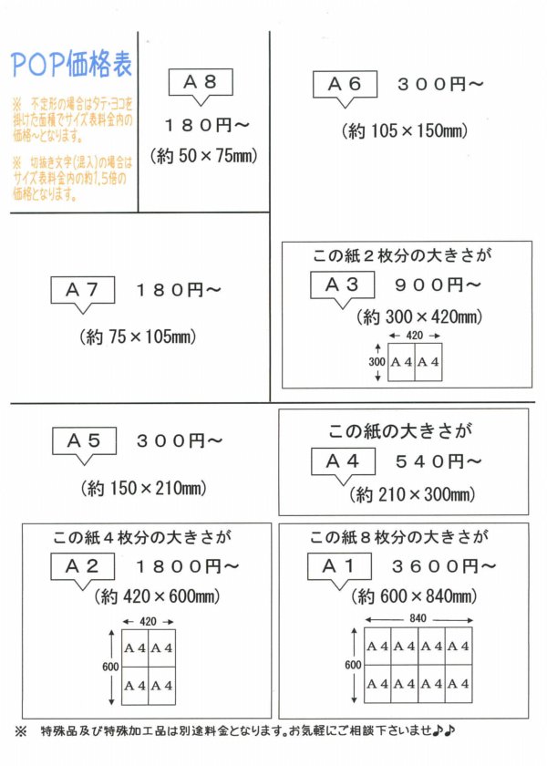 ＰＯＰサイズ見本